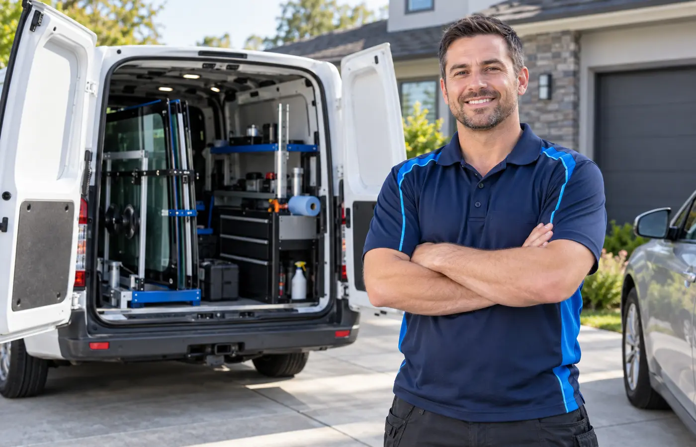 Mobile auto glass technician beside a service vehicle