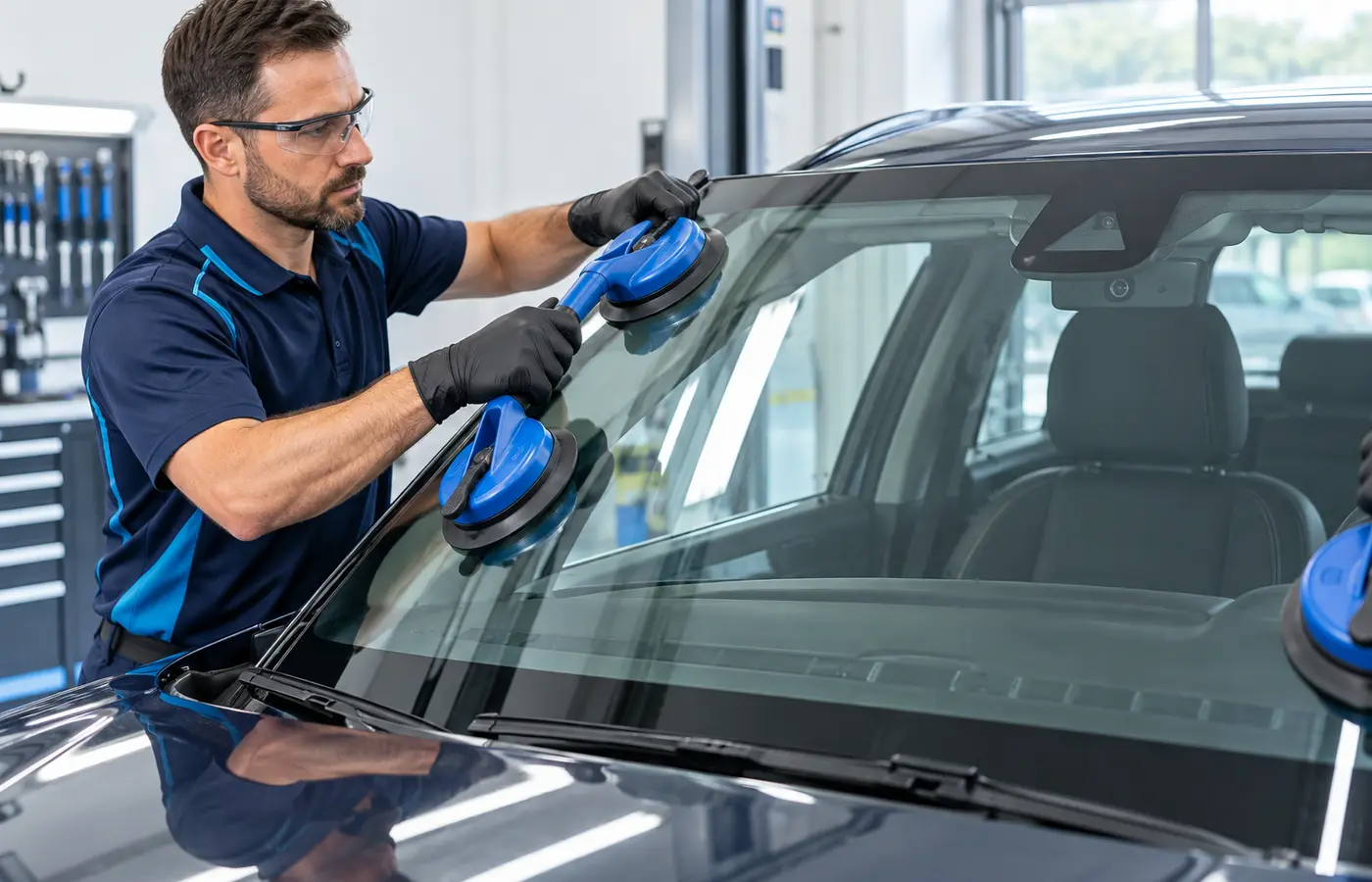 Auto glass technician installing a windshield with professional tools